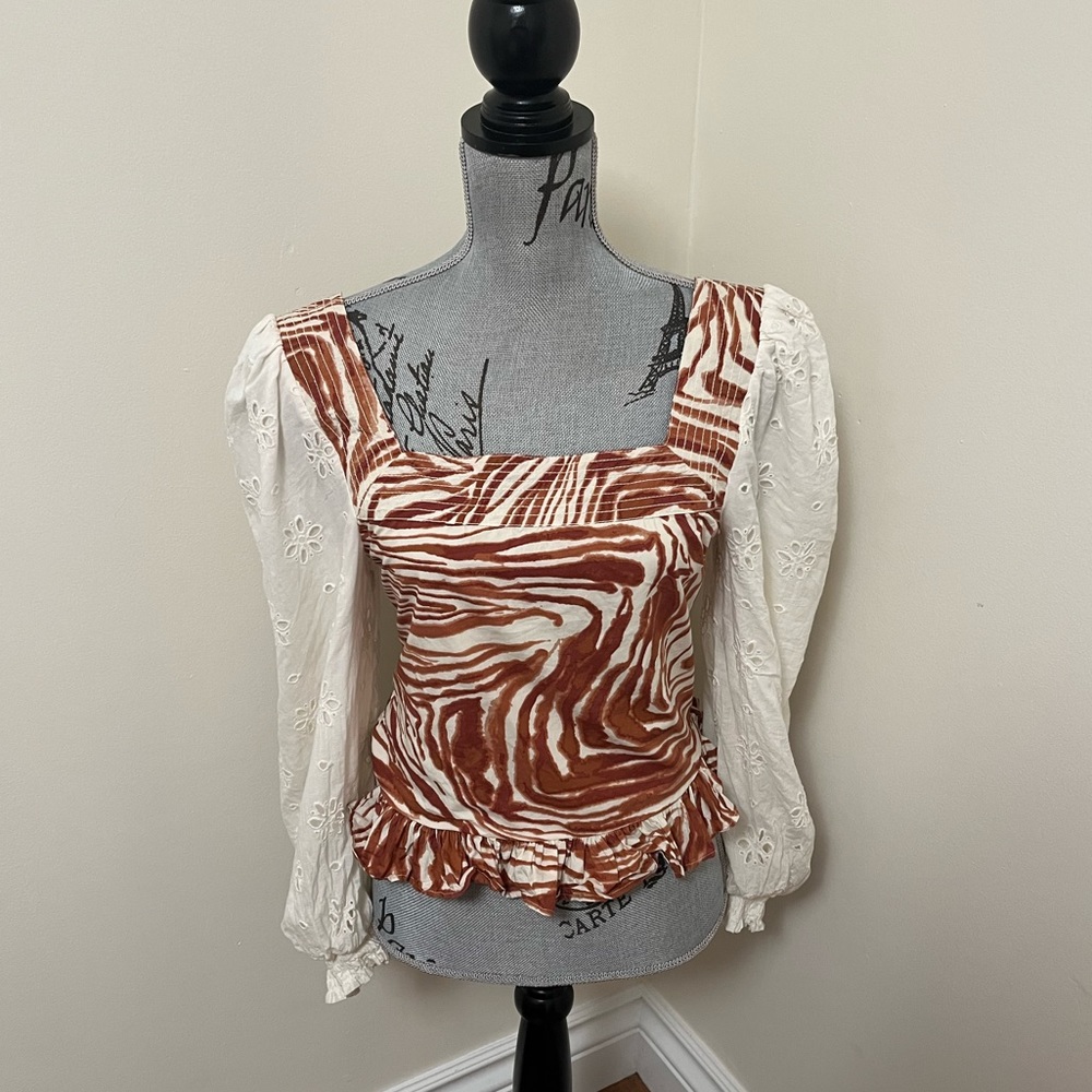 Anthro. Love the Label Smocked Zebra Blouse with Eyelet Puff Sleeves, M - Picture 8 of 15